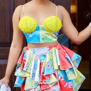 Source Unknown Yellow and Multicolor Mini Dress